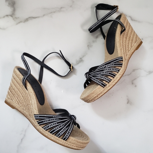 Tory Burch Ribbon Strappy Espadrille Wedge Sandals Pefect Navy Size 8.5 - Picture 4 of 7